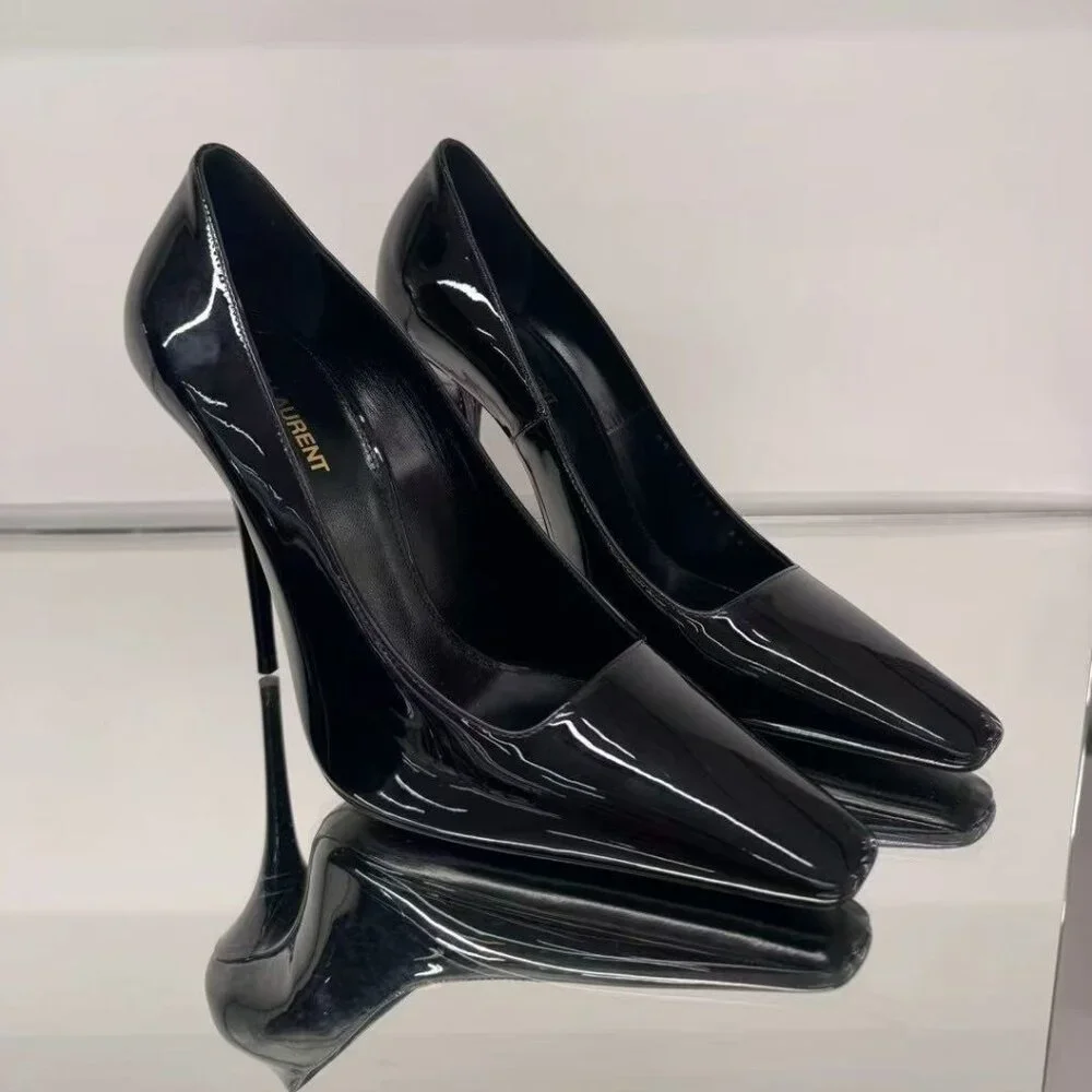 NIB Auenthic Saint Laurent Square Toe Black Pump Heel Sandal - Picture 2 of 3